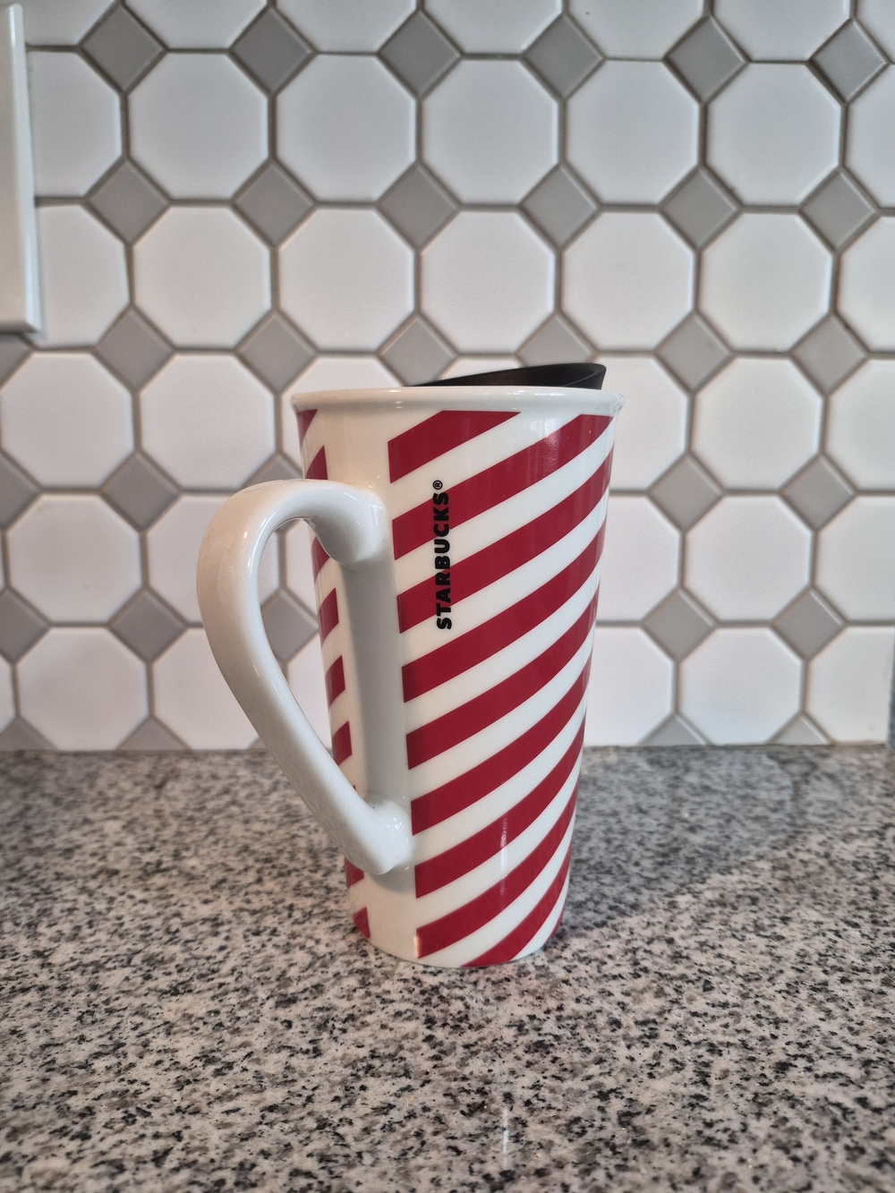 Collectible Starbucks Holiday Travel Mug Red/White Candy Cane Striped w/Lid 14oz